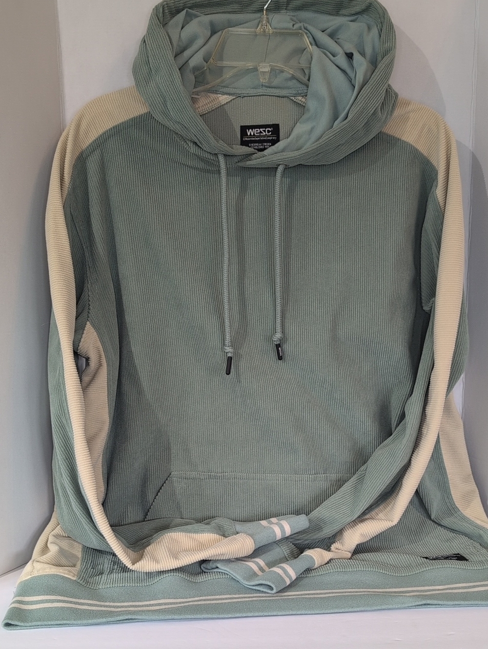 WESC 2000s Sage Green Hooded Courderoy Pullover with Cream Sleeve Stripe- Sz Sm